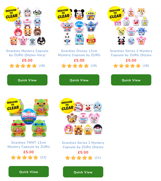 Screenshot showing Snackles Mystery Capsules now £5 and 3 for 2 at The Entertainer