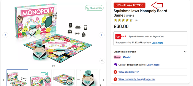 Screenshot showing Squishmallows Monopoly Board Game at Argos