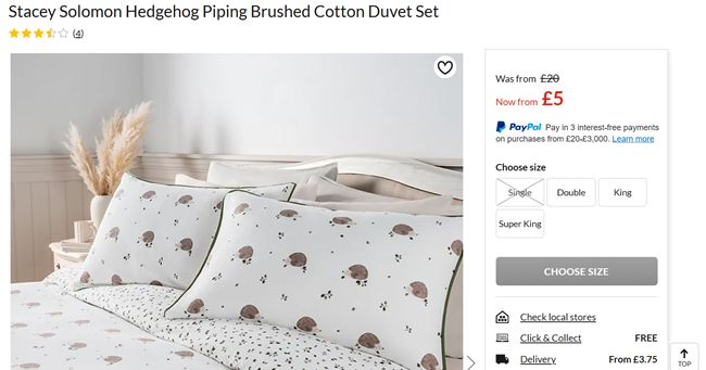 Screenshot showing Stacey Solomon Hedgehog Piping Brushed Cotton Duvet Set now from £5 at Asda George