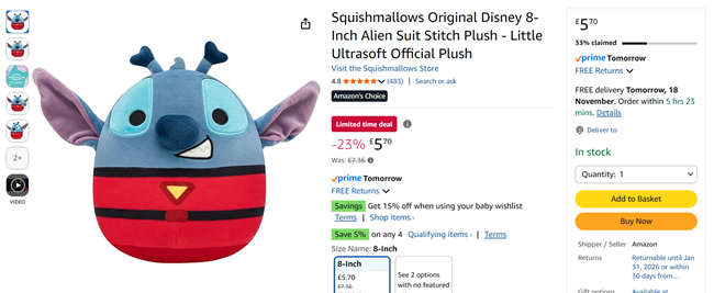 Screenshot showing Squishmallows Original Disney 8-Inch Alien Suit Stitch Plush for £5.70 at Amazon