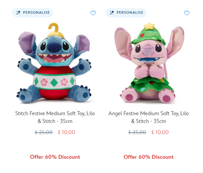 Screenshot showing Disney Stitch or Angel Festive Medium Soft Toys for £10 each at Disney Store
