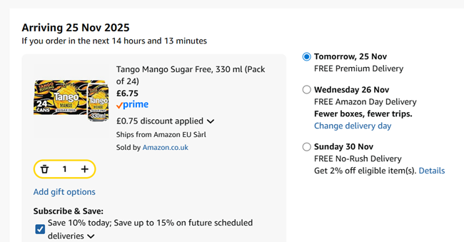 Screenshot showing Tango Mango Sugar Free, 330 ml (Pack of 24) for £6.75 at Amazon