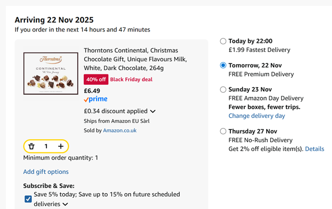 Screenshot showing Thorntons Continental Chocolate Box 264g for £6.49 at Amazon