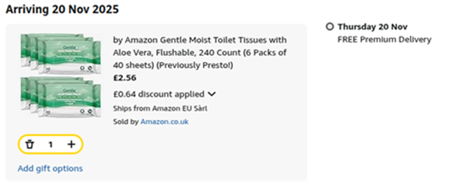 Screenshot showing by Amazon Gentle Moist Toilet Tissues with Aloe Vera, 240 Count (6 Packs of 40 sheets) for £2.56 at Amazon