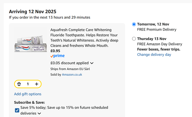 Screenshot showing Aquafresh Complete Care Whitening Fluoride Toothpaste 75ml for 95p at Amazon