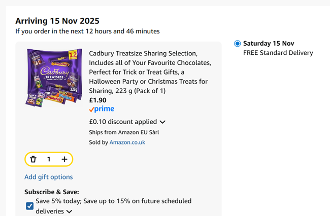 Screenshot showing Cadbury Treatsize Sharing Selection 223g for £1.90 at Amazon