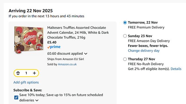 Screenshot showing Maltesers Truffles Assorted Chocolate Advent Calendar for £5.40 at Amazon