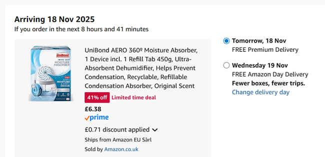 Screenshot showing UniBond AERO 360º Moisture Absorber for £6.38 at Amazon