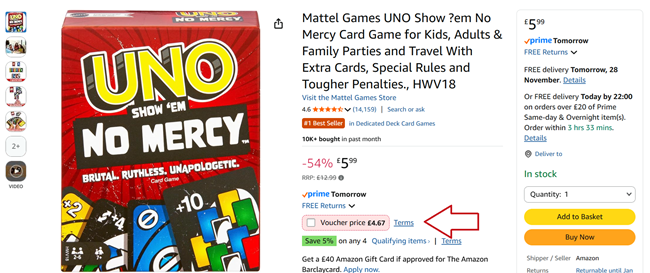 Screenshot showing UNO Show 'Em No Mercy Card Game for £4.67 at Amazon