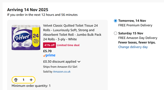 Screenshot showing Velvet Classic Quilted Toilet Tissue 24 Rolls for £5.70 at Amazon