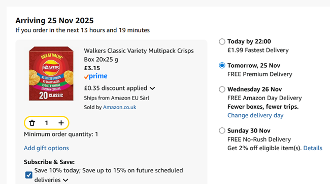 Screenshot showing Walkers Classic Variety / Meaty Multipack Crisps Box 20x25g for £3.15 at Amazon