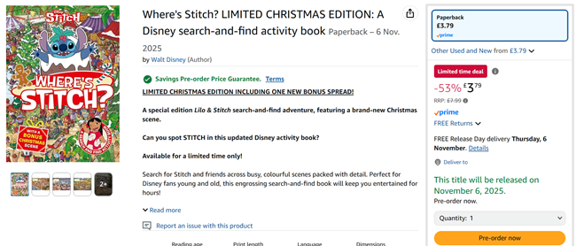 Screenshot showing Where's Stitch? Limited Christmas Edition: A Disney search-and-find activity book for £3.79 at Amazon
