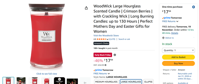 Screenshot showing WoodWick Large Hourglass Scented Candle Crimson Berries for £17.94 at Amazon