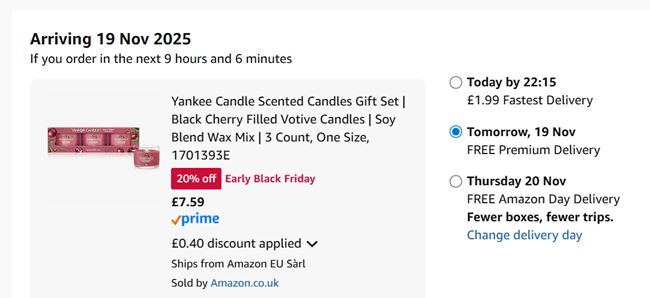 Screenshot showing Yankee Candle Black Cherry Filled Votive Candles Gift Set for £7.59 at Amazon