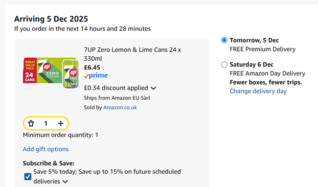 Screenshot showing 7UP Zero Lemon & Lime Cans 24 x 330ml for £6.45 at Amazon