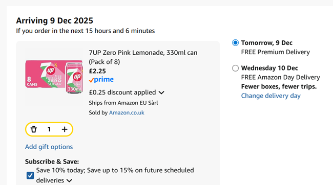 Screenshot showing 7UP Zero Pink Lemonade 330ml Can 8 Pack for £2.25 at Amazon