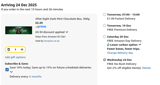 Screenshot showing After Eight Dark Mint Chocolate Box 300g for £2.25 at Amazon