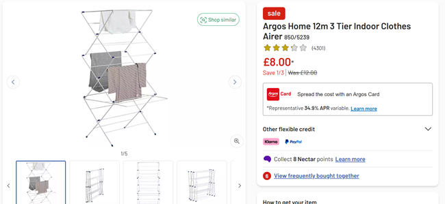 Screenshot showing Argos Home 12m 3 Tier Indoor Clothes Airer for £8 at Argos