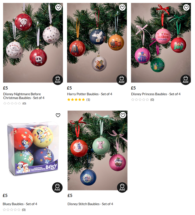 Screenshot showing Disney, Bluey or Harry Potter Bauble Sets £5 each at Asda George