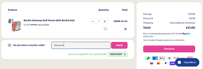 Screenshot showing Barbie Getaway Doll House With Barbie Doll £21 with code at Bargain Max