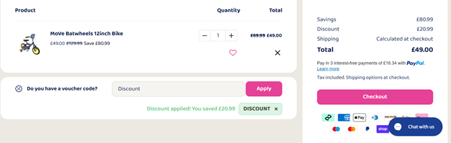 Screenshot showing MoVe Batwheels 12inch Bike £49 with code at Bargain Max