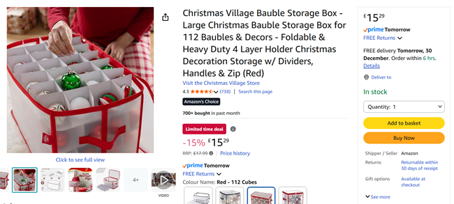 Screenshot showing Large Christmas Bauble Storage Box for 112 Baubles for £15.29 at Amazon