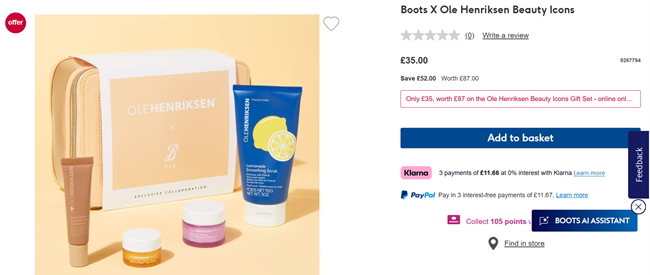 Screenshot showing Boots X Ole Henriksen Beauty Icons Gift Set for £35 at Boots