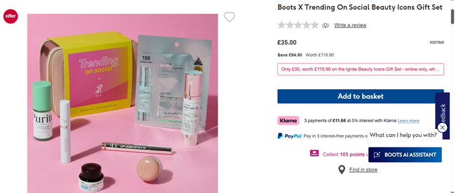 Screenshot showing Boots X Trending On Social Beauty Icons Gift Set for £35 with free delivery at Boots