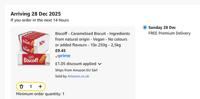 Screenshot showing Biscoff Caramelised Biscuits 10 x 250g for £9.45 at Amazon