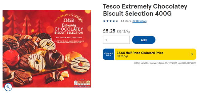 Screenshot showing Tesco Extremely Chocolatey Biscuit Selection 400G for £2.60 at Tesco