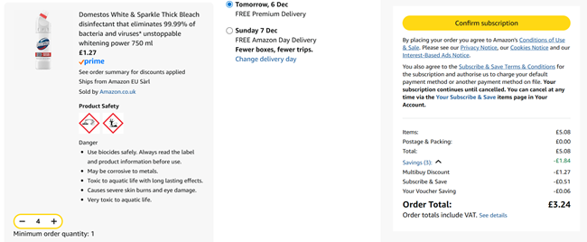 Screenshot showing Domestos White & Sparkle Thick Bleach 750ml 4 for £3.24 at Amazon