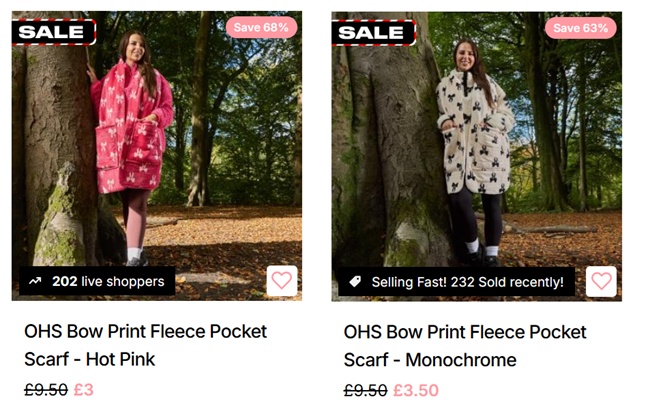 Screenshot showing Bow Print Fleece Pocket Scarf from £3 at Online Home Shop