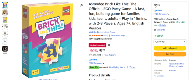 Screenshot showing Brick Like This! The Official LEGO Party Game for £9.99 at Amazon
