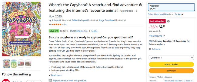 Screenshot showing Where's the Capybara? Search-and-find Book for £4.44 at Amazon