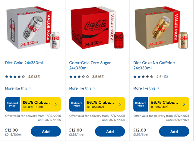 Screenshot showing Coca-Cola Zero Sugar / Diet Coke / Diet Coke No Caffeine 24 x 330ml for £6.75 Clubcard price at Tesco