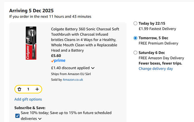 Screenshot showing Colgate 360 Sonic Charcoal Battery Powered Toothbrush for £5.60 at Amazon
