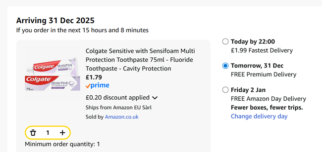 Screenshot showing Colgate Sensitive with Sensifoam Multi Protection Toothpaste 75ml for £1.79 at Amazon