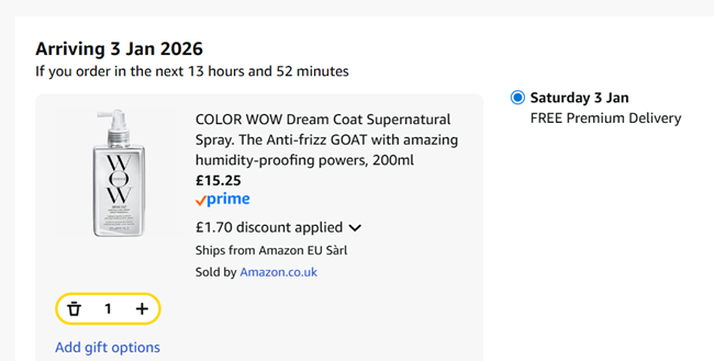 Screenshot showing Color Wow Dream Coat Supernatural Spray 200ml for £15.25 at Amazon