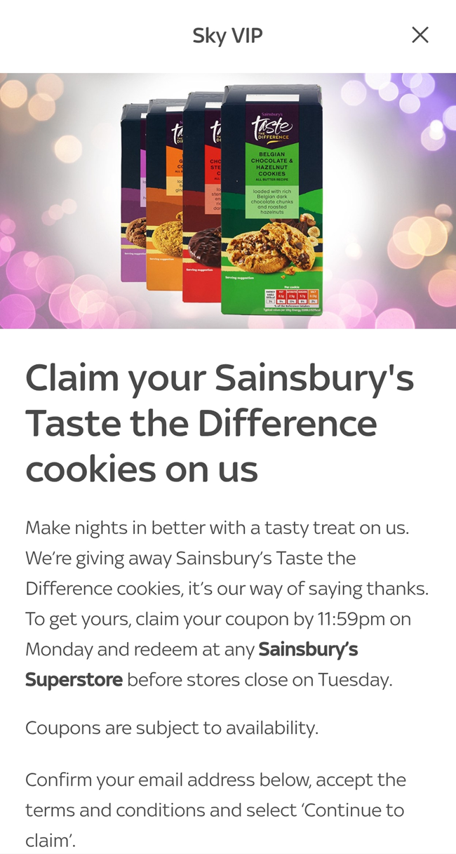 Screenshot showing Free Taste The Difference Cookies offer at Sainsbury's via Sky VIP App