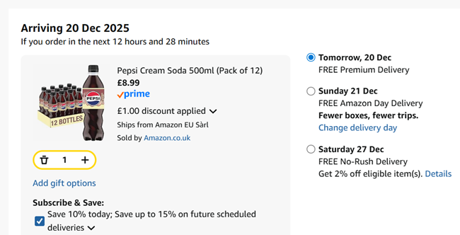 Screenshot showing Pepsi Cream Soda 500ml (Pack of 12) for £8.99 at Amazon