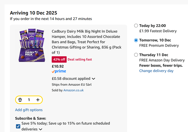 Screenshot showing Cadbury Dairy Milk Big Night In Deluxe Hamper for £10.92 at Amazon