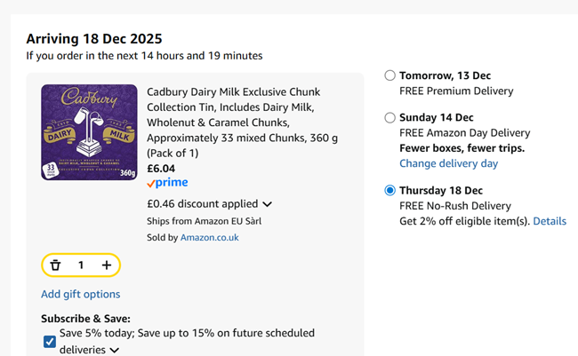 Screenshot showing Cadbury Dairy Milk Exclusive Chunk Collection Tin for £6.04 at Amazon
