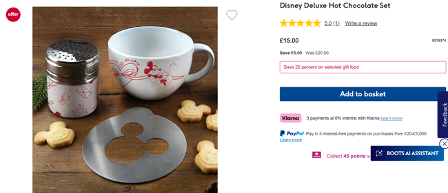 Screenshot showing Disney Deluxe Hot Chocolate Set for £15 at Boots