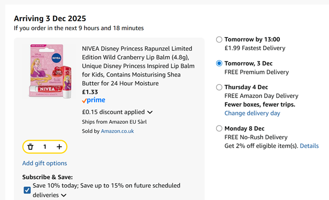 Screenshot showing Nivea Disney Limited Edition Lip Balm for £1.33 at Amazon