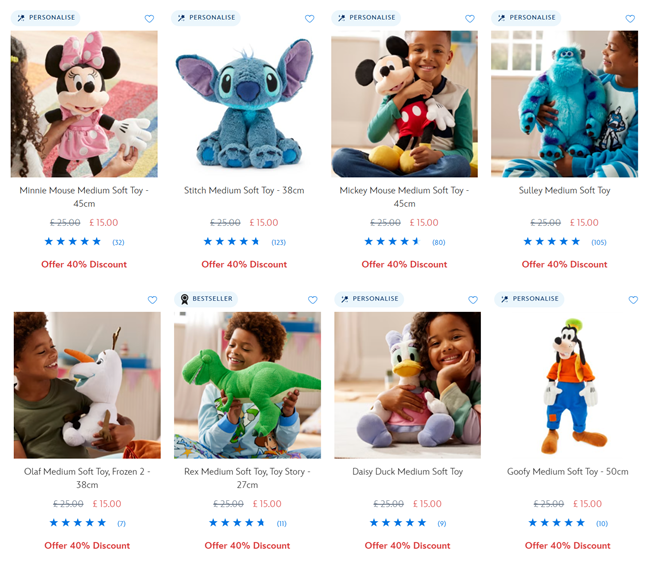 Screenshot showing Selected Medium Soft Toys now £15 at Disney Store