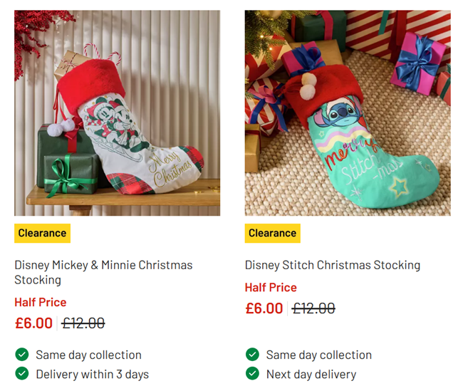 Screenshot showing Disney Christmas Stockings now £6 at Argos