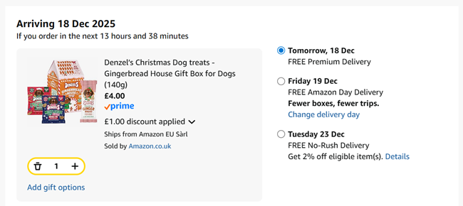 Screenshot showing Denzel’s Christmas Dog Treats Gingerbread House Gift Box for £4 at Amazon