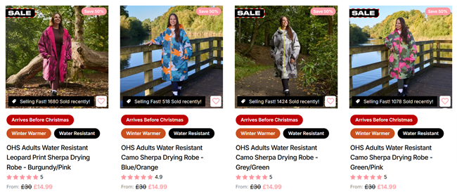 Screenshot showing Water Resistant Sherpa Drying Robes for £14.99 at Online Home Shop