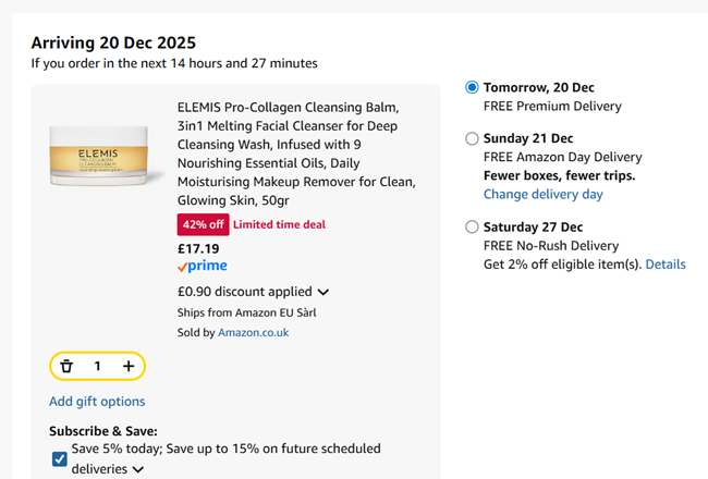 Screenshot showing Elemis Pro-Collagen Cleansing Balm 50g for £17.19 at Amazon