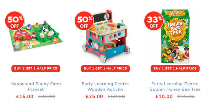 Screenshot showing Buy One Get One Half Price offer on selected Toys at The Entertainer